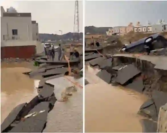 فيديو سيول مكة تجرف مخطط سكني حديث بالكامل مع الاسفلت 