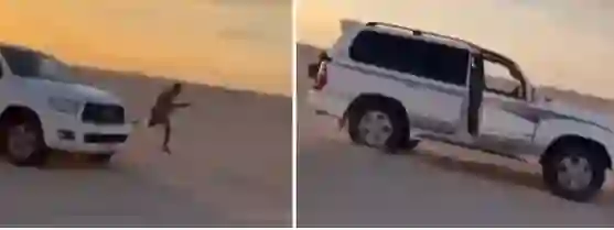 الفيديو الكامل لسيارة جيب لاندكروزر تمشي بدون سائق وسط الصحراء بسبب الفقع 