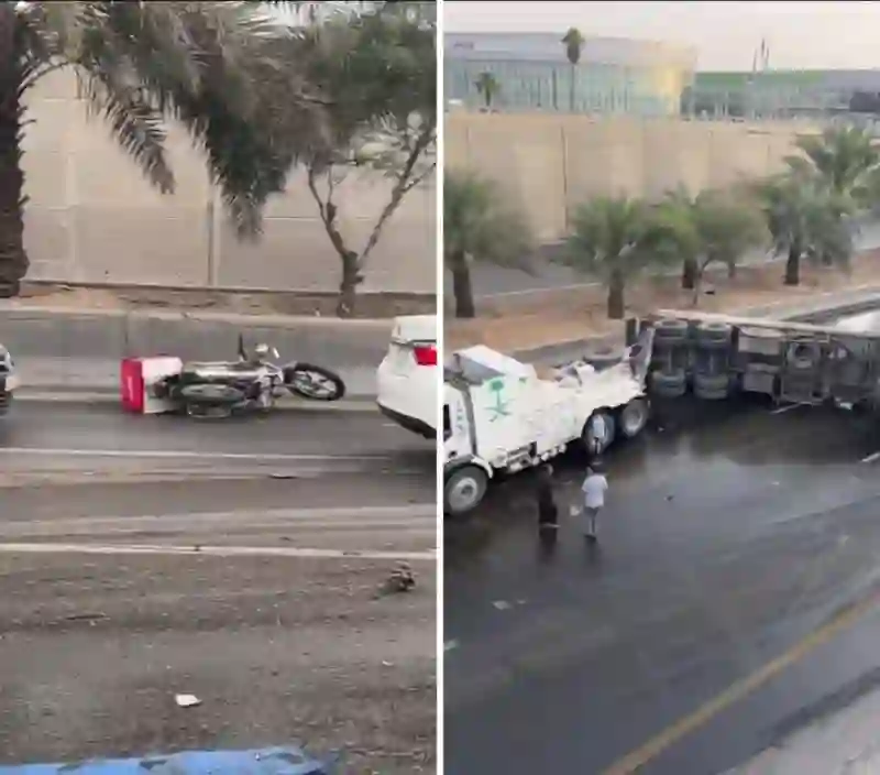الفيديو الكامل لانقسام شاحنة الى نصفين في شارع عام في الرياض بسبب دباب توصيل خرج عليها فجأة 