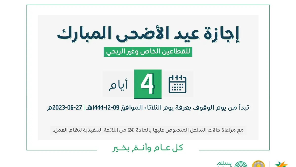 وزارة الموارد البشرية تحدد موعد إجازة عيد الأضحى 1445 للقطاع الحكومي وعدد أيام العطلة