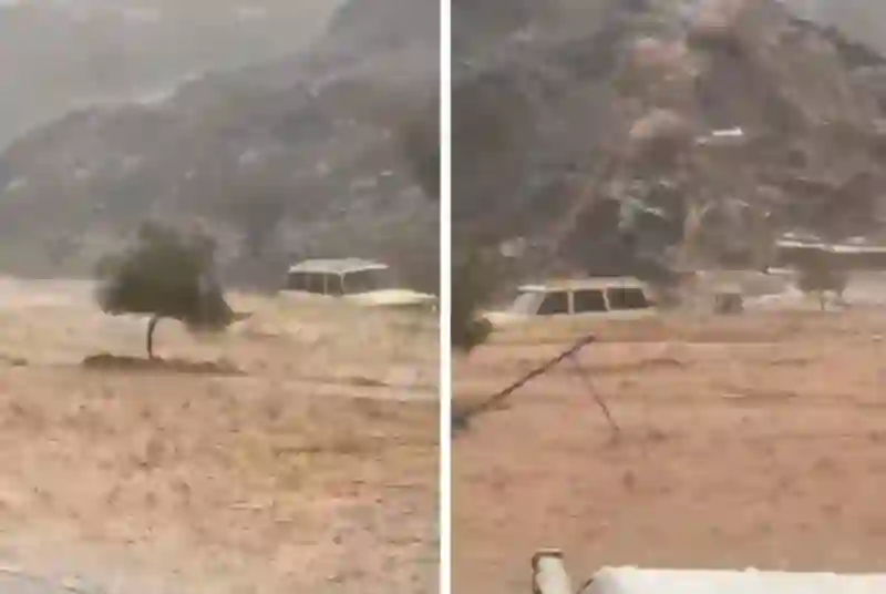 فيديو السيول تجرف سيارة جيب شاص كأنها لعبة في محافظة العيس 